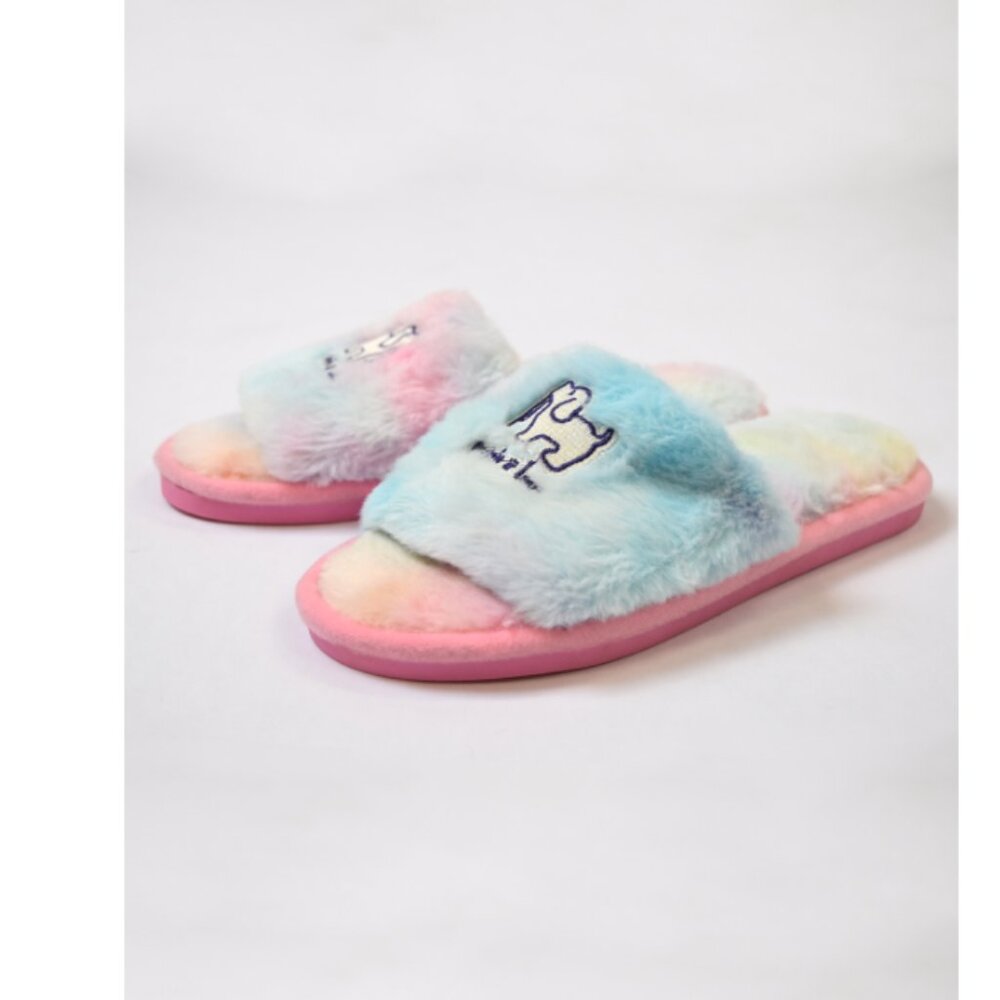 PUPPIE LOVE FAUX FUR SLIDE SLIPPERS, RAINBOW TIE DYE - Picture 3 of 3